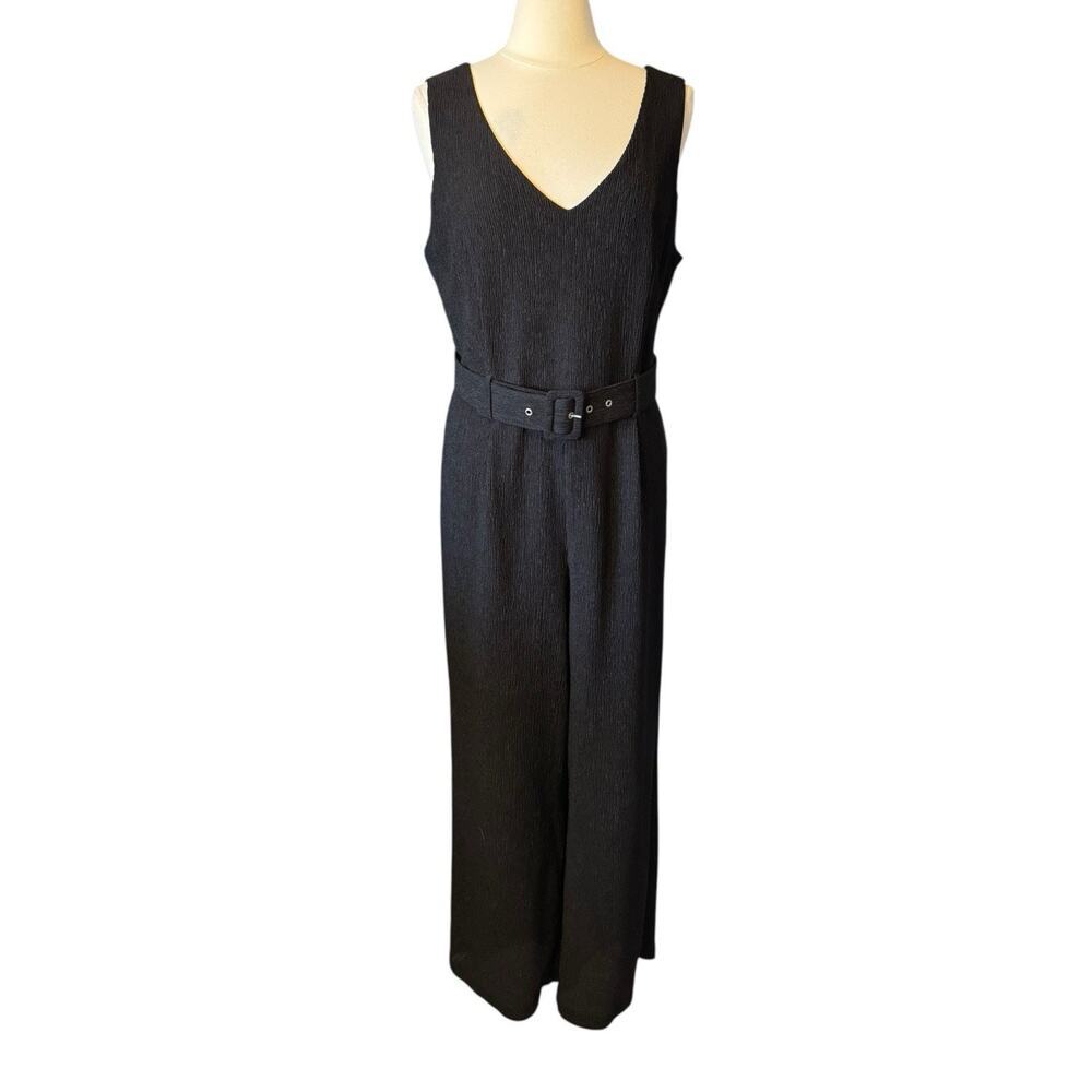 Estelle Wide Leg Belted Jumpsuit Crepe Size 14W/0X Black V-Neck And Back Dressy